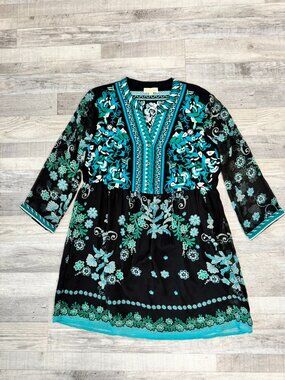 All About Her black teal floral embroidered dress 3/4 sleeve size XL N11